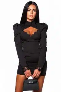 Cum sa te imbraci stilat si sexy pentru o iesire in club 77 Sugar daddy`s funeral vibes rochie neagra midi cu umeri bufanti si dantela la decolteu si maneci