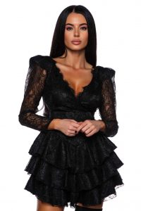 Rochie Ioana rochie din dantela neagra cu maneci lungi decolteu generos umeri bufanti si 3 volane