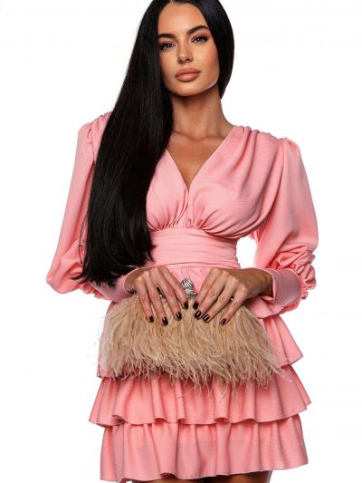 Rochie sexy cu volane rochie din material roz maneci bufante cu o banda in talie si 4 volane