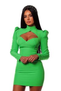 rochie verde midi eleganta cu maneci lungi si decolteu