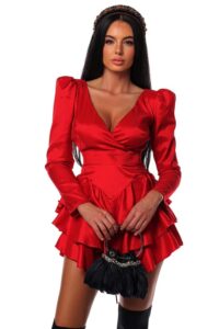 RUFFLE PART 2 DRESS rochie scurta rosie cu 3 volane maneci lungi si decolteu