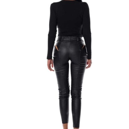colanti negri din piele ecologica cu talie inalta si taieturi in lateral