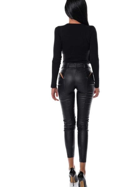 colanti negri din piele ecologica cu talie inalta si taieturi in lateral