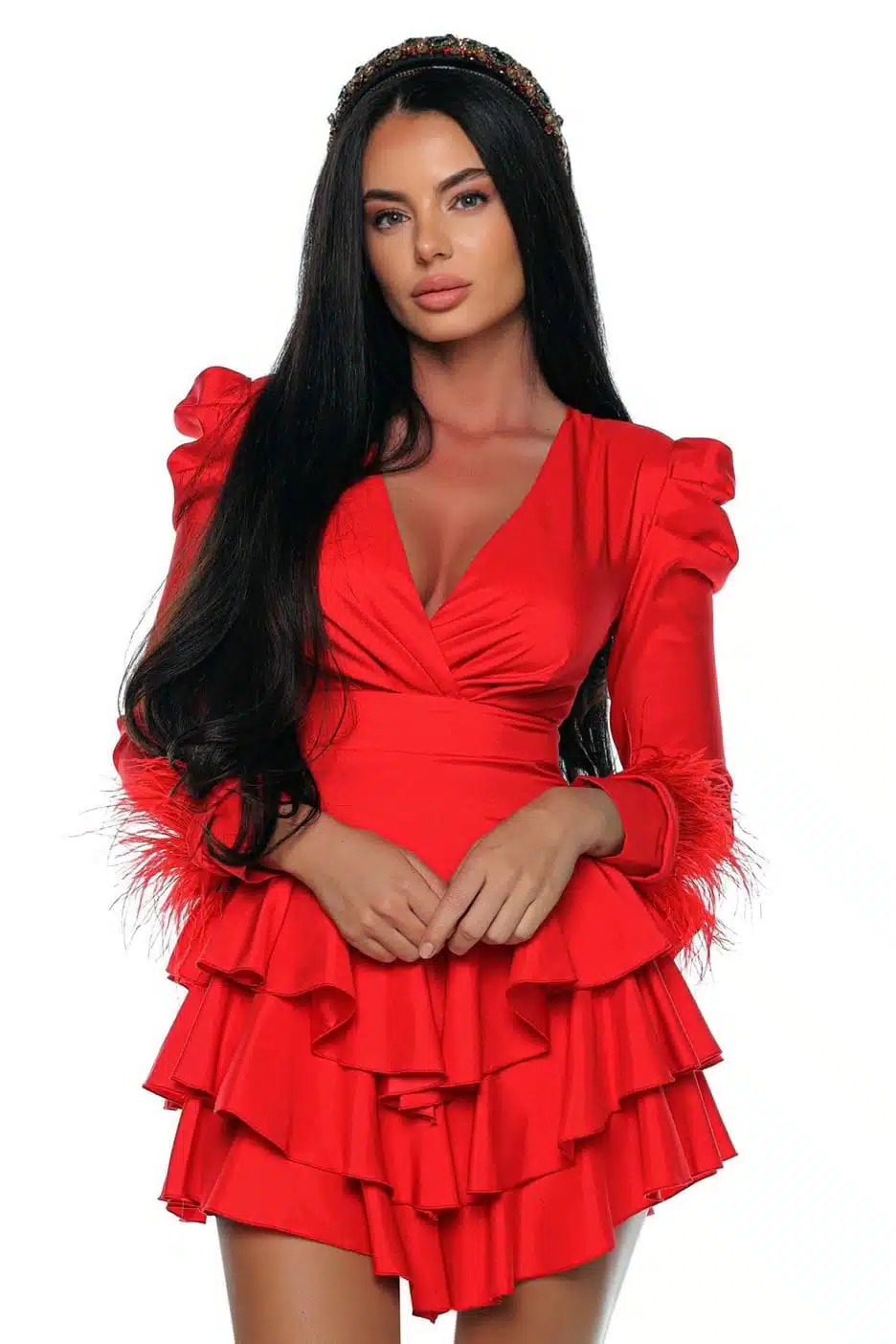 Rochie cu pene la maneci si volane 8 Rochie cu pene la maneci si volane rochie statement pene si volane Romania