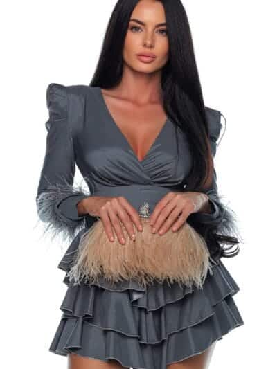 Rochie cu pene la maneci si volane look complet rochie pene Romania
