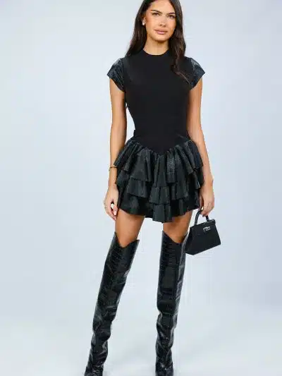 Phyton Mini Ruffle Dress rochie mini cu volane piele ecologica Romania