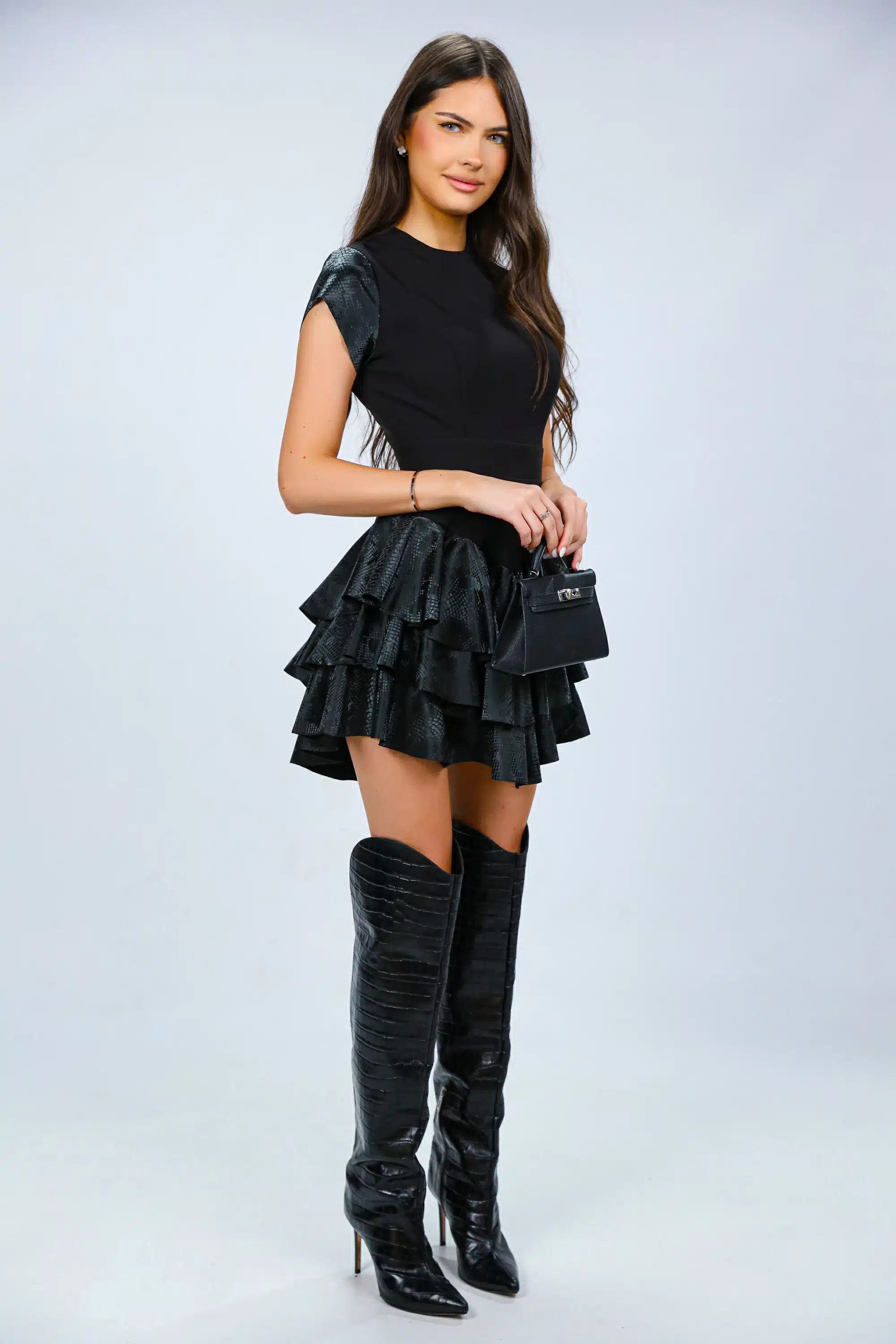 Phyton Mini Ruffle Dress 3 Phyton Mini Ruffle Dress detaliu textura python embossed Romania · din colecția rochii de majorat PRIVE