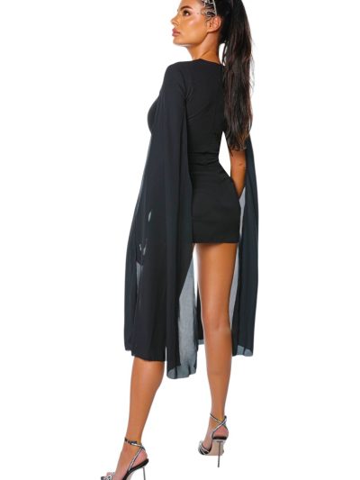 Black Swan rochie neagra rochie drepata rochie cu detalii din voal la maneci rochie eleganta de seara rochie wow