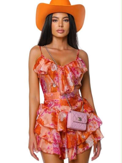BLOOM DRESS rochie portocaliie material organza cu imprimeu de vara rochie cu volane rochie party