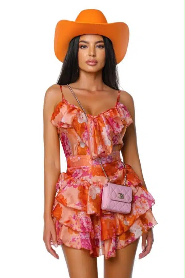 Prive Boutique - Magazin online - Haine de dama pentru club si evenimente speciale 18 BLOOM DRESS rochie portocaliie material organza cu imprimeu de vara rochie cu volane rochie — vedere din spate