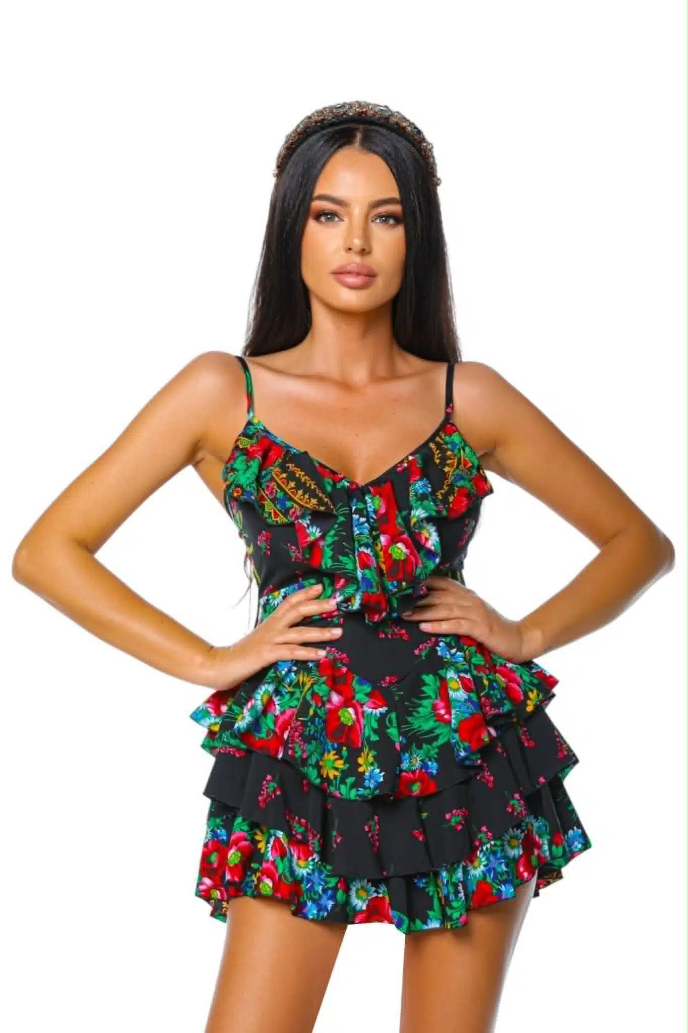 Gipsy Russian 1 Gipsy Russian imprimeu floral rochie de vara rochie colorata rochie cu volane — vedere din față