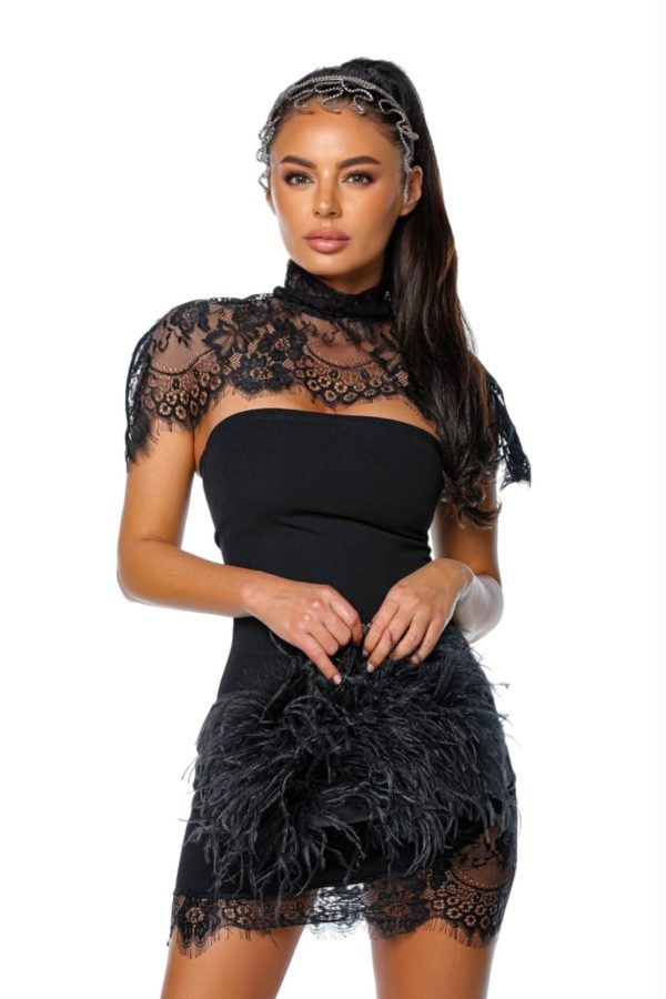 PHANTOM DRESS rochie neagra rochie cu detalii din dantela rochie dreapta rochie de seara se poate accesoriza cu lace cape
