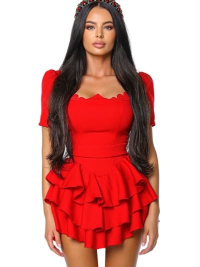 Queen dress rosu rochie cu volane rochie cu maneca scurta si detalii din dantela la sani, rochie de seara rochie eleganta rochie evenimente