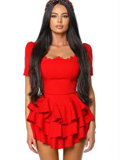 Queen dress rosu rochie cu volane rochie cu maneca scurta si detalii din dantela la sani, rochie de seara rochie eleganta rochie evenimente