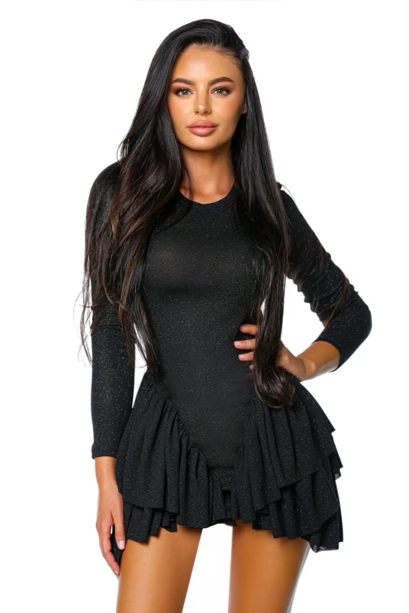 Sparkle Ruffle Dress 1 Sparkle Ruffle Dress rochie neagra cu volane sclipitoare rochie de seara rochie evenimente — vedere din față