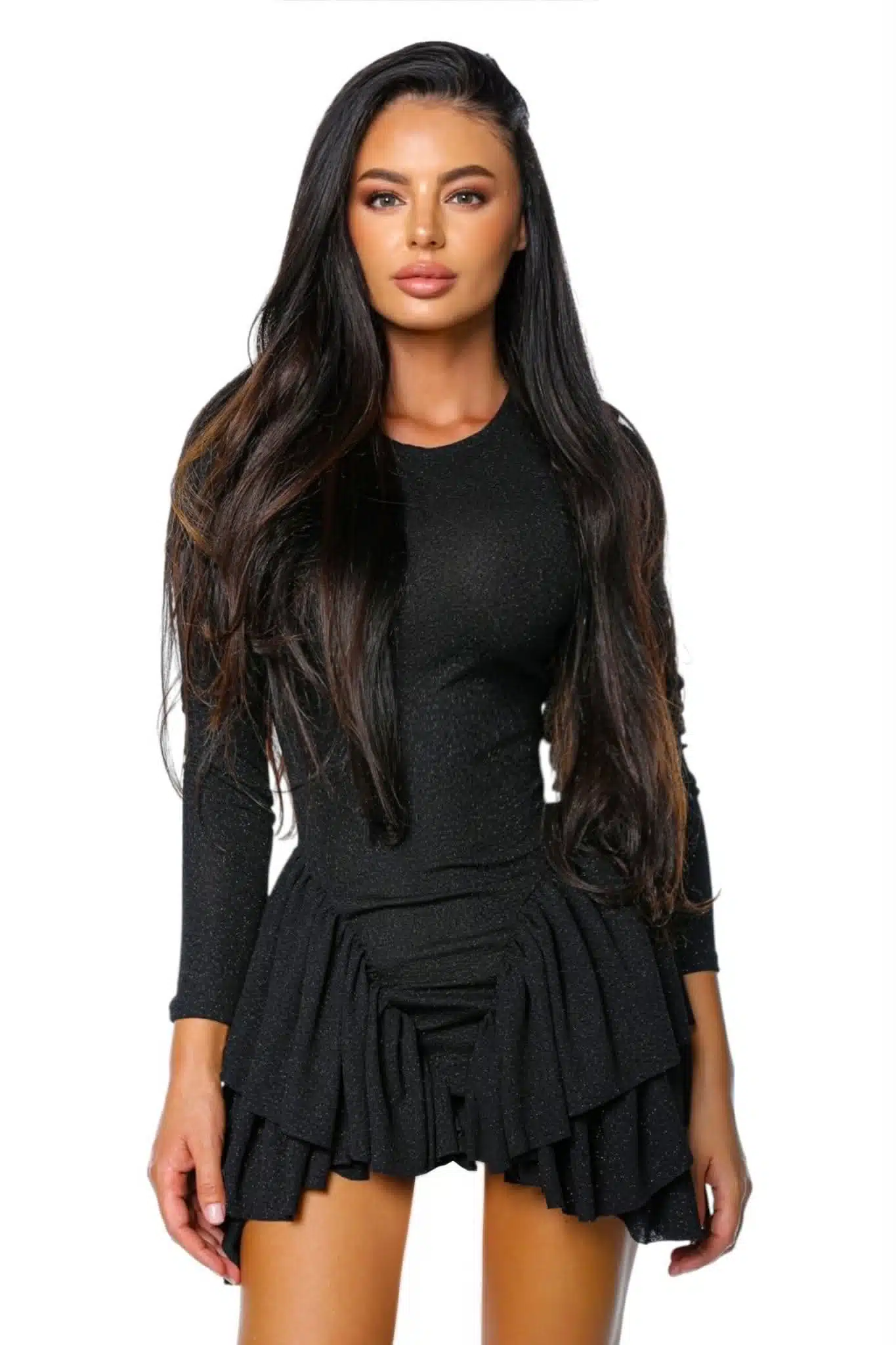Sparkle Ruffle Dress 5 Sparkle Ruffle Dress rochie neagra cu volane sclipitoare rochie de seara rochie evenimente — vedere laterală