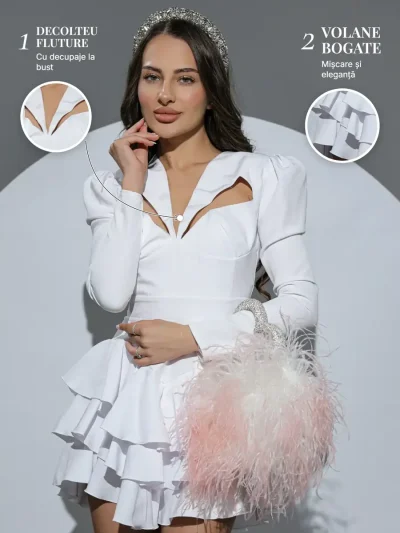 Butterfly cu Volane Alb PRIVE Boutique – detalii: decolteu fluture și volane bogate