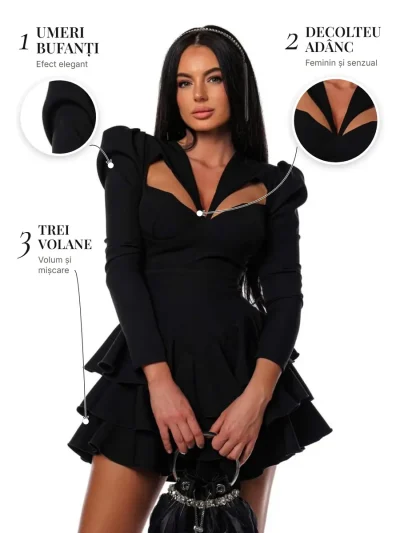 Butterfly cu Volane PRIVE Boutique – detalii: umeri bufanți, decolteu adânc și trei volane