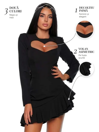 Heart Dress PRIVE Boutique – detalii: decolteu inimă, volan asimetric și două culori
