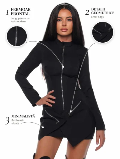 Lara Dress PRIVE Boutique – detalii: fermoar frontal, detalii geometrice și minimalistă