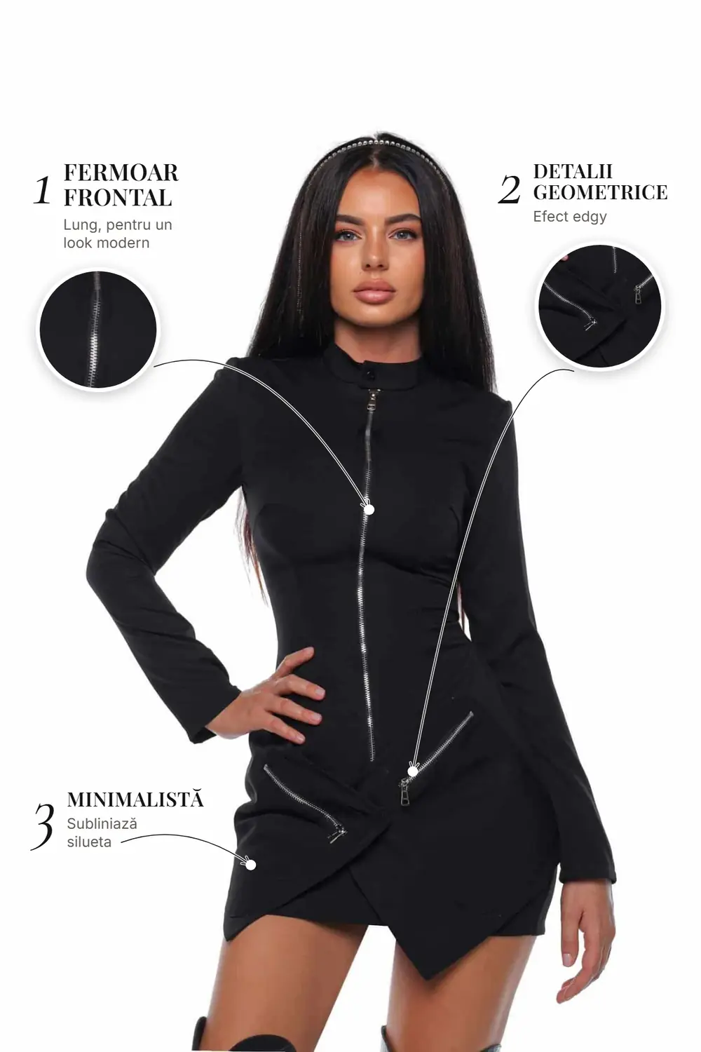 Lara Dress 1 Lara Dress PRIVE Boutique – detalii: fermoar frontal, detalii geometrice și minimalistă