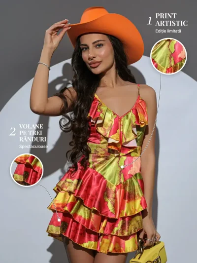 Limited Edition Print Dress PRIVE Boutique – detalii: print artistic și volane pe trei rânduri