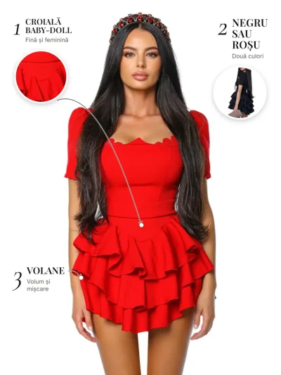 Queen Dress PRIVE Boutique – detalii: croială baby-doll, negru sau roșu și volane