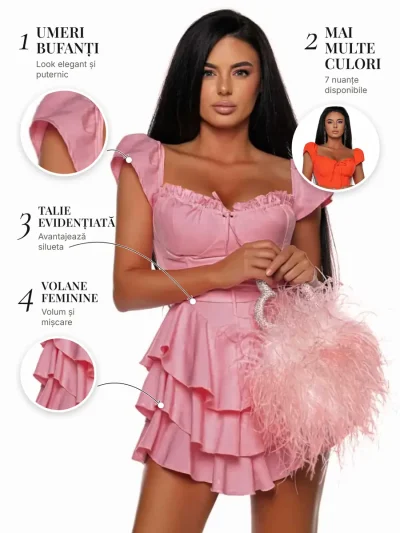 Revenge Dress PRIVE Boutique – detalii: umeri bufanți, mai multe culori, talie evidențiată și volane feminine