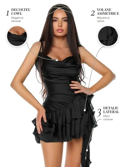 Rochie Asimetrica cu Bretele Subtiri PRIVE Boutique – detalii: decolteu cowl, volane asimetrice și detaliu lateral