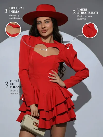 Rochie cu Inima si Volane PRIVE Boutique – detalii: decupaj inimă, umeri structurați și fustă cu volane