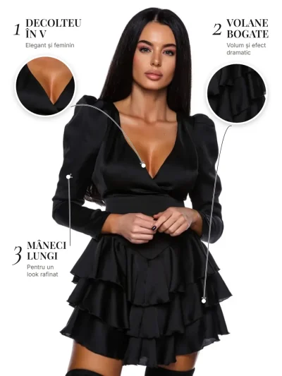 Ruffle Dress Negru PRIVE Boutique – detalii: decolteu în v, volane bogate și mâneci lungi