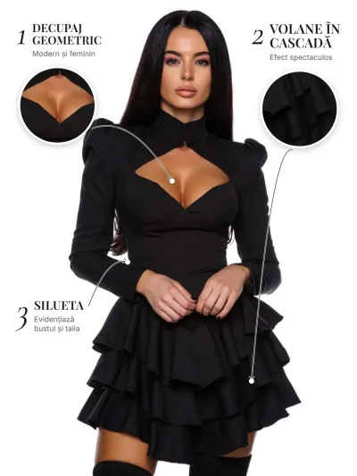 Sugar Dress PRIVE Boutique – detalii: decupaj geometric, volane în cascadă și silueta